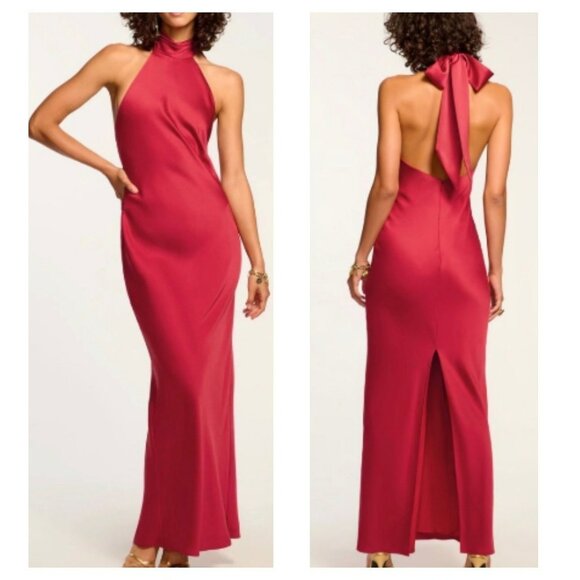 Ramy Brook $645 Tatiana Red Satin Halter Maxi Dress Bow Backless Gown Sz 6 NEW - Picture 1 of 10